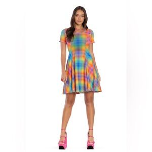 Tartan Rainbow Scoop Longline Evil Tee Dress, Blackmilk size medium